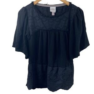 Knox Rose Black Eyelet Blouse Embroidered Detail Boho Flowy Pullover Top Sz XS